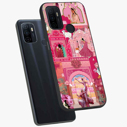 Pink Palace Muse Glass Case displayed in angled mockup highlighting dreamy palace illustration with soft pink aesthetic.