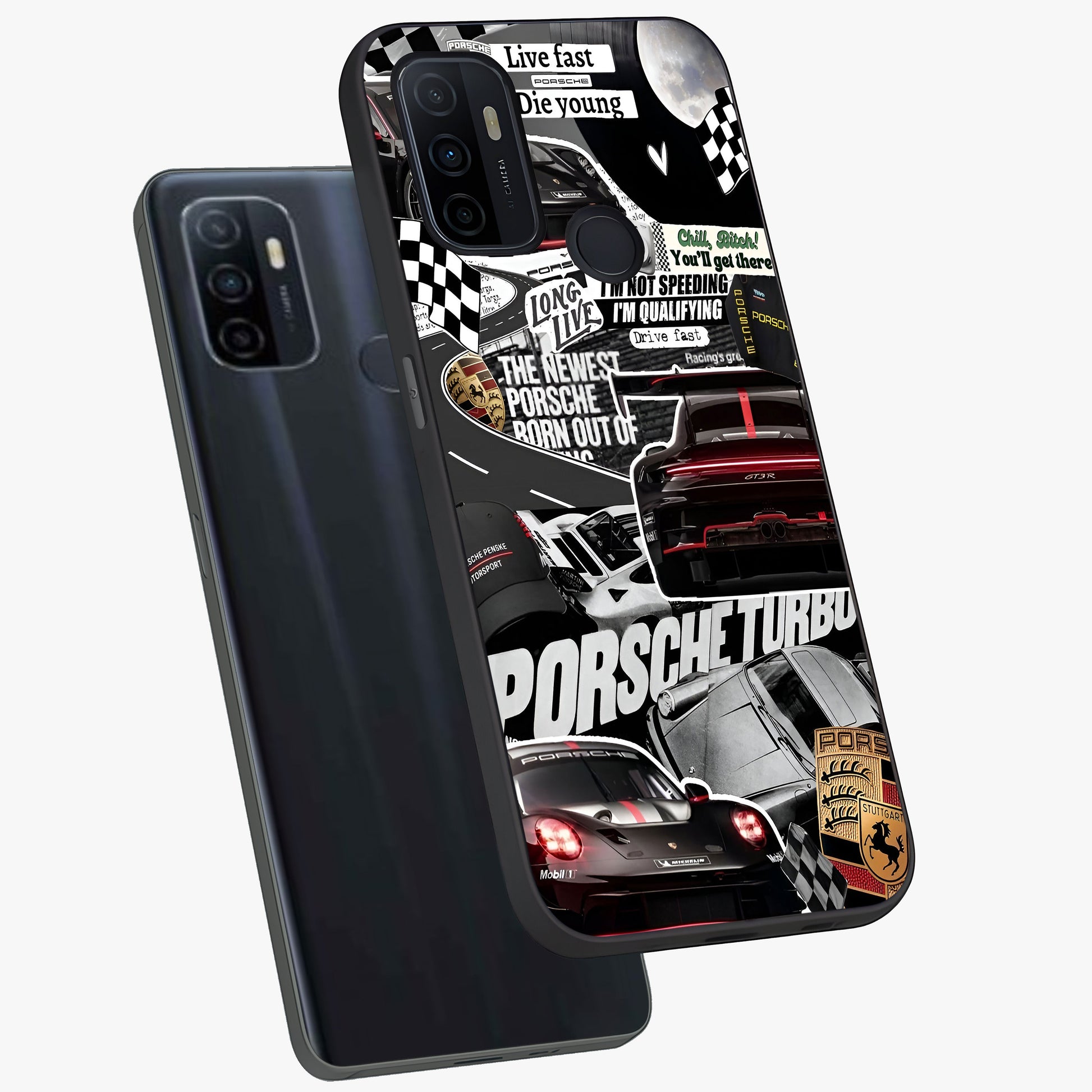 Porsche Racing Collage Glass Case displayed in angled mockup highlighting dynamic automotive design with bold racing aesthetic.