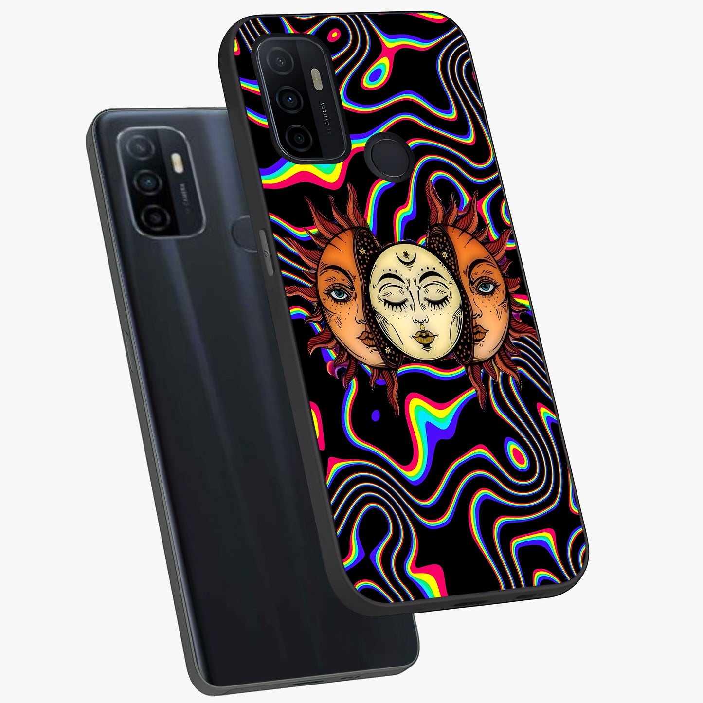 Psychedelic Sun Glass Case displayed in angled mockup highlighting vibrant abstract sun design with artistic aesthetic style.