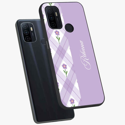 Purple Diamond Floral Glass Case displayed in angled mockup highlighting elegant purple flower design with decorative pattern.