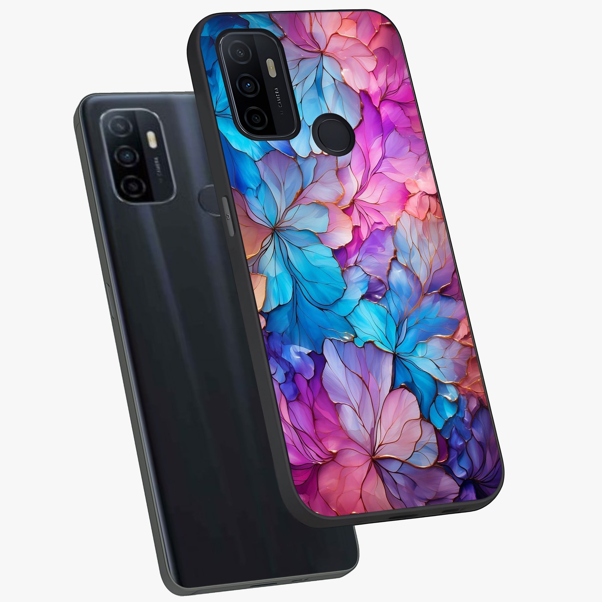 Radiant Floral Whirl Glass Case displayed in angled mockup highlighting vibrant flower pattern with dynamic artistic aesthetic.