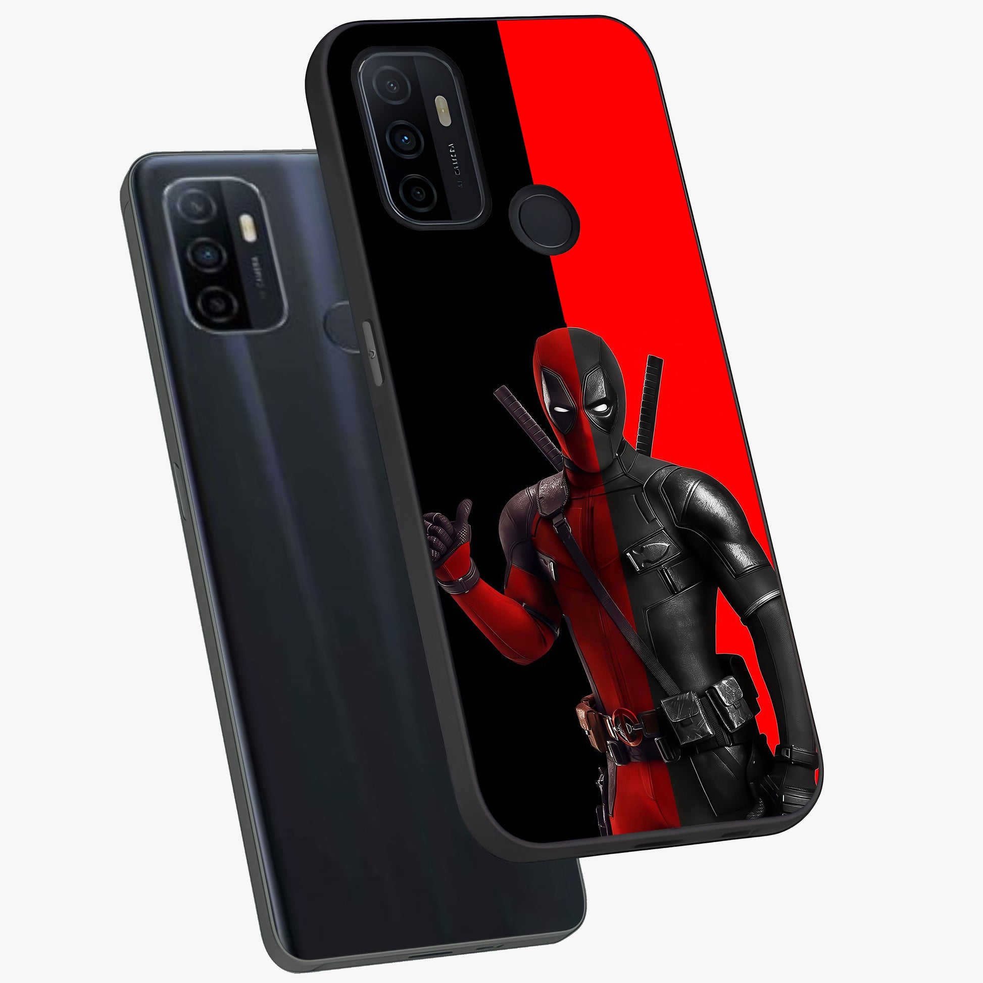 Red & Black Deadpool Theme Glass Case displayed in angled mockup highlighting vibrant superhero style illustration with action aesthetic.