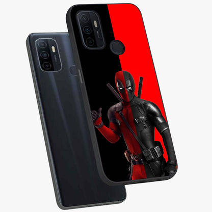 Red & Black Deadpool Theme Glass Case displayed in angled mockup highlighting vibrant superhero style illustration with action aesthetic.