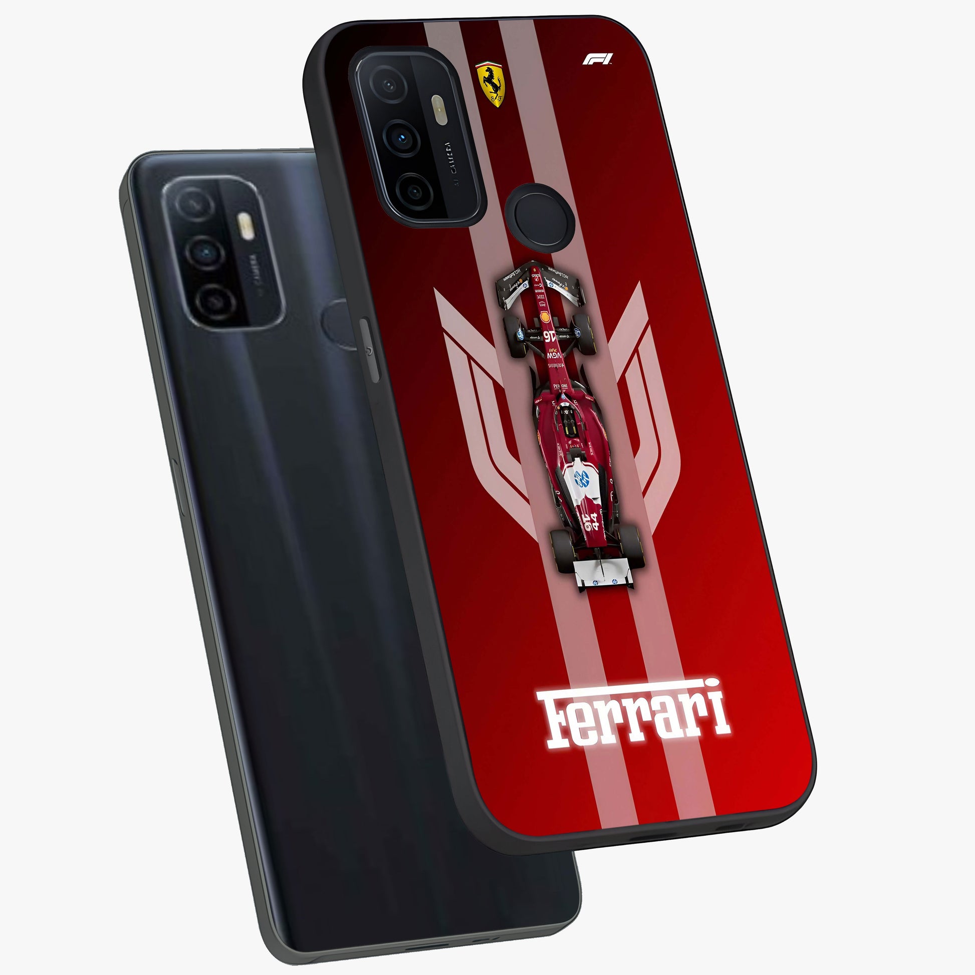Red Ferrari F1 Vertical Glass Case displayed in angled mockup highlighting high speed racing design with bold automotive aesthetic.