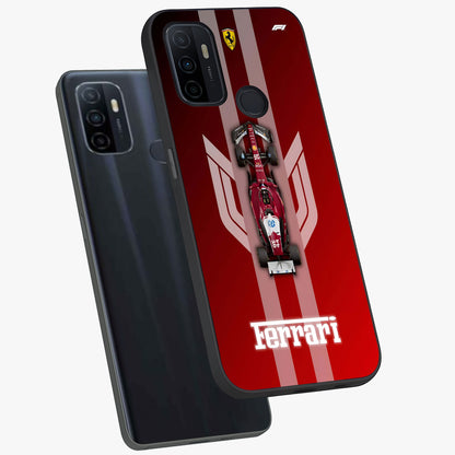 Red Ferrari F1 Vertical Glass Case displayed in angled mockup highlighting high speed racing design with bold automotive aesthetic.