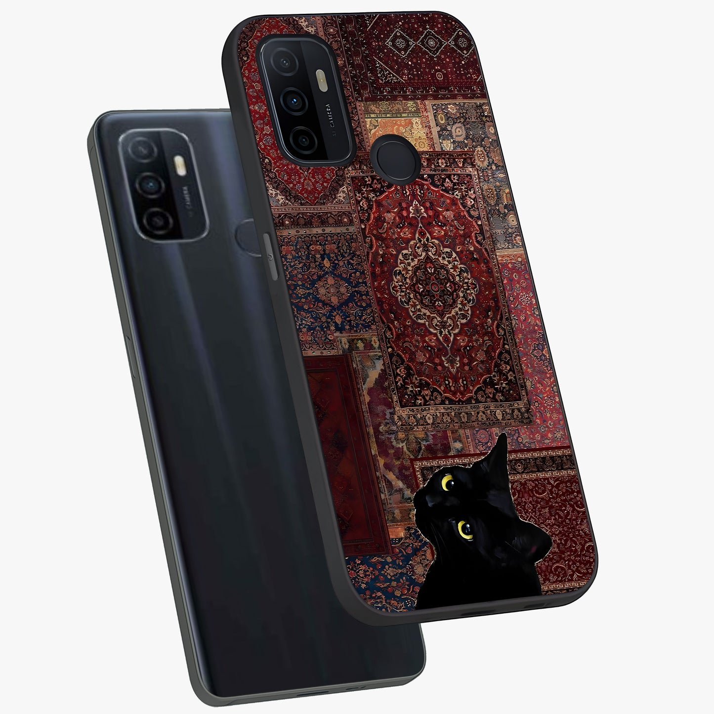 Regal Magic Cat Apple Glass Case displayed in angled mockup highlighting whimsical feline design with fantasy aesthetic.