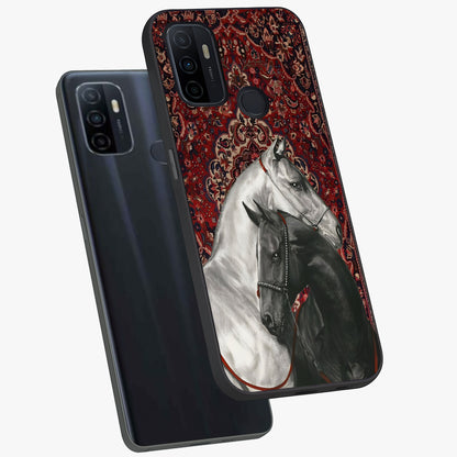 Regal Stallion Tapestry Glass Case displayed in angled mockup highlighting royal stallion design with decorative heritage aesthetic.