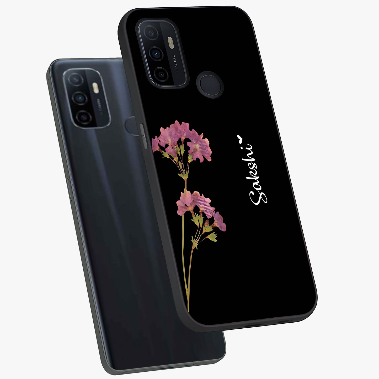 Riching Lavender Flower Custom Name Glass Case displayed in angled mockup highlighting delicate lavender flower design with custom name feature.