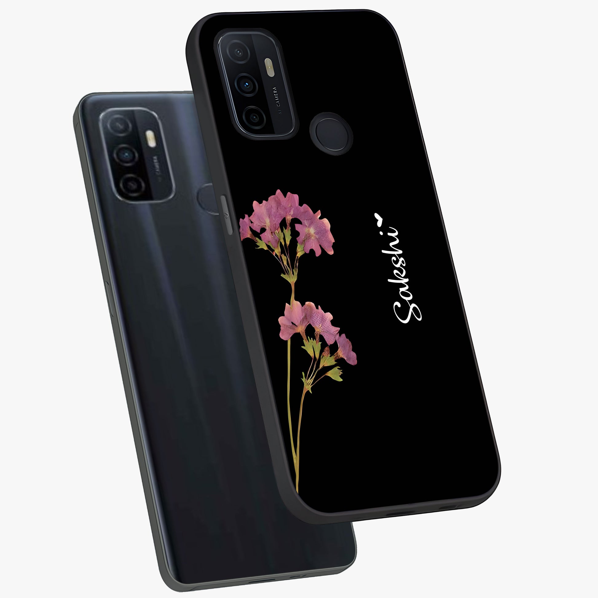 Riching Lavender Flower Custom Name Glass Case displayed in angled mockup highlighting delicate lavender flower design with custom name feature.