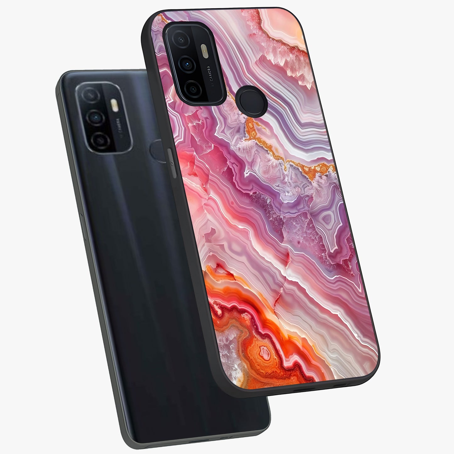 Rose Quartz Marble Glass Case displayed in angled mockup highlighting elegant marble pattern with soft aesthetic style.
