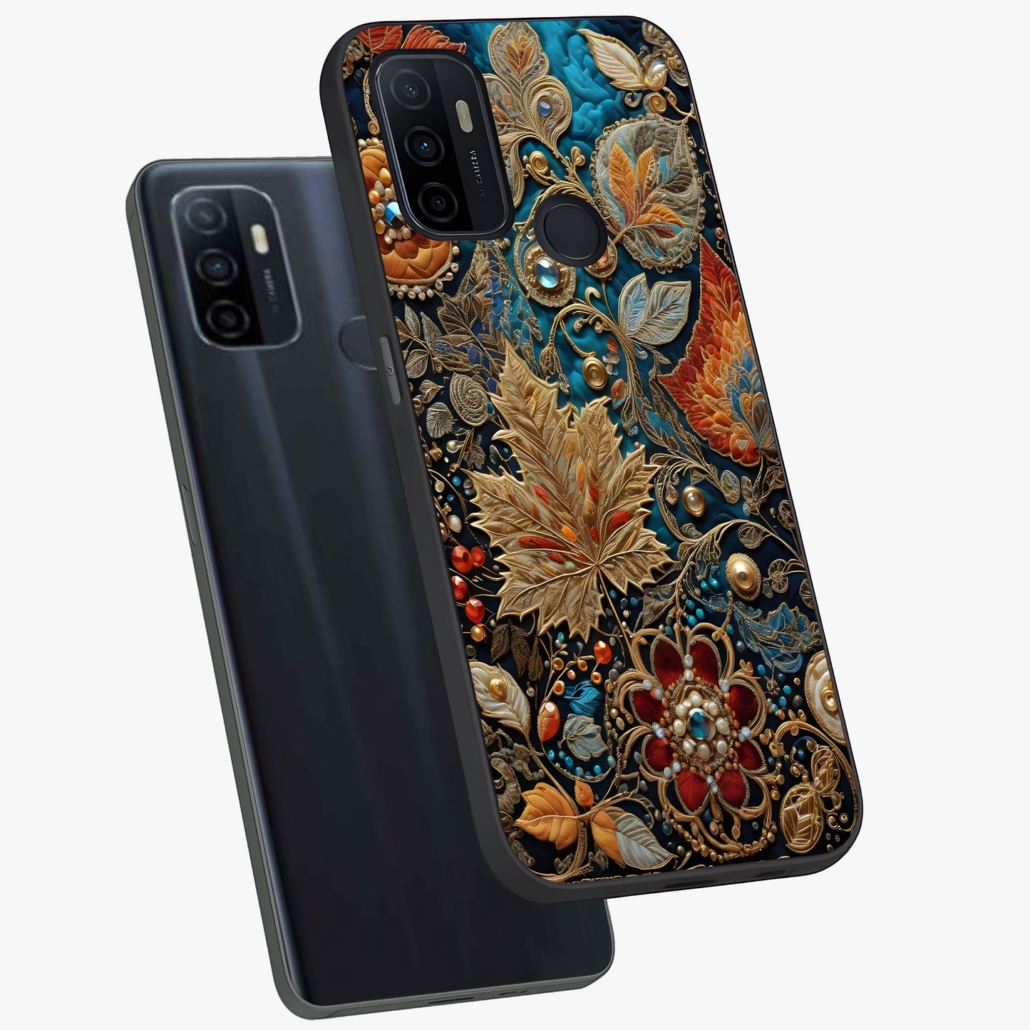 Royal Jewel Garden Glass Case displayed in angled mockup highlighting vibrant jewel inspired floral design with elegant aesthetic.
