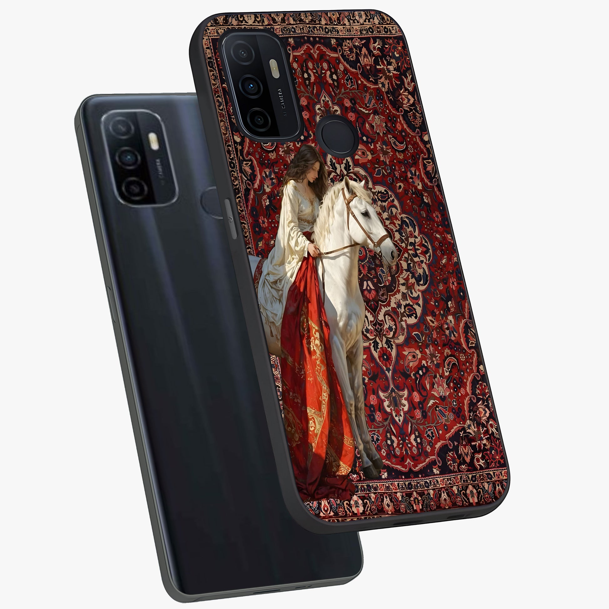 Royal Rider Tapestry Glass Case displayed in angled mockup highlighting traditional tapestry design with royal heritage aesthetic.