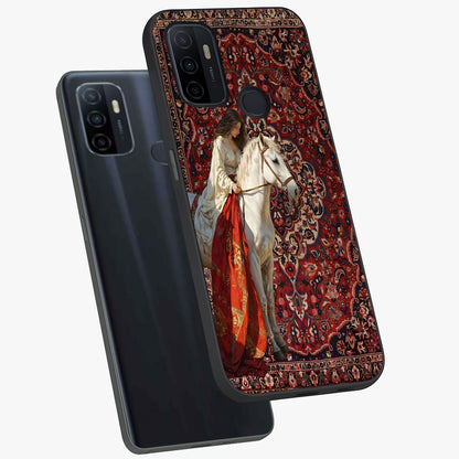 Royal Rider Tapestry Glass Case displayed in angled mockup highlighting traditional tapestry design with royal heritage aesthetic.