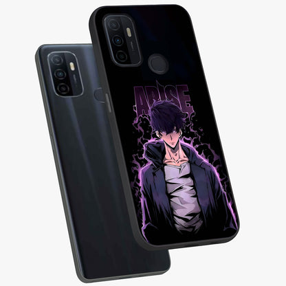 Shadow Monarch Awakening Glass Case displayed in angled mockup highlighting dramatic shadow warrior design with fantasy aesthetic.