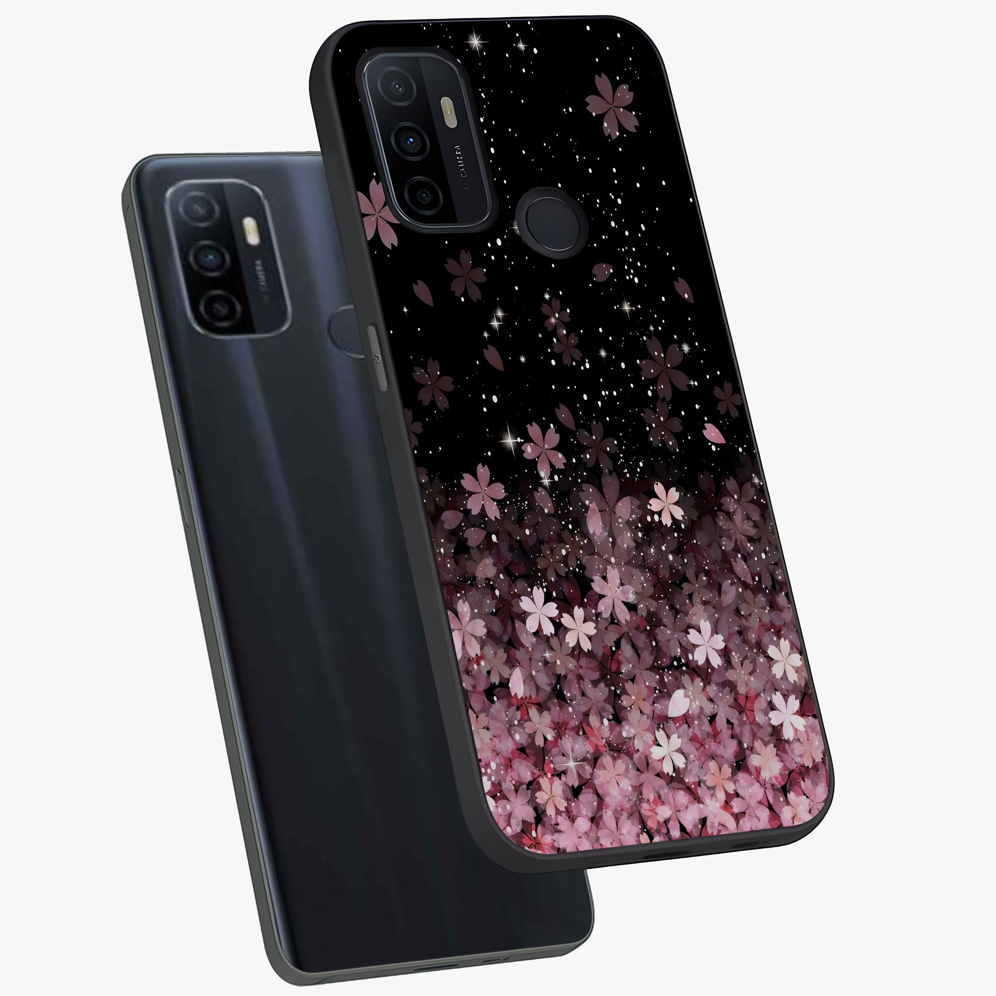 Small Starry Flowers Glass Case displayed in angled mockup highlighting tiny flower pattern with celestial aesthetic style.