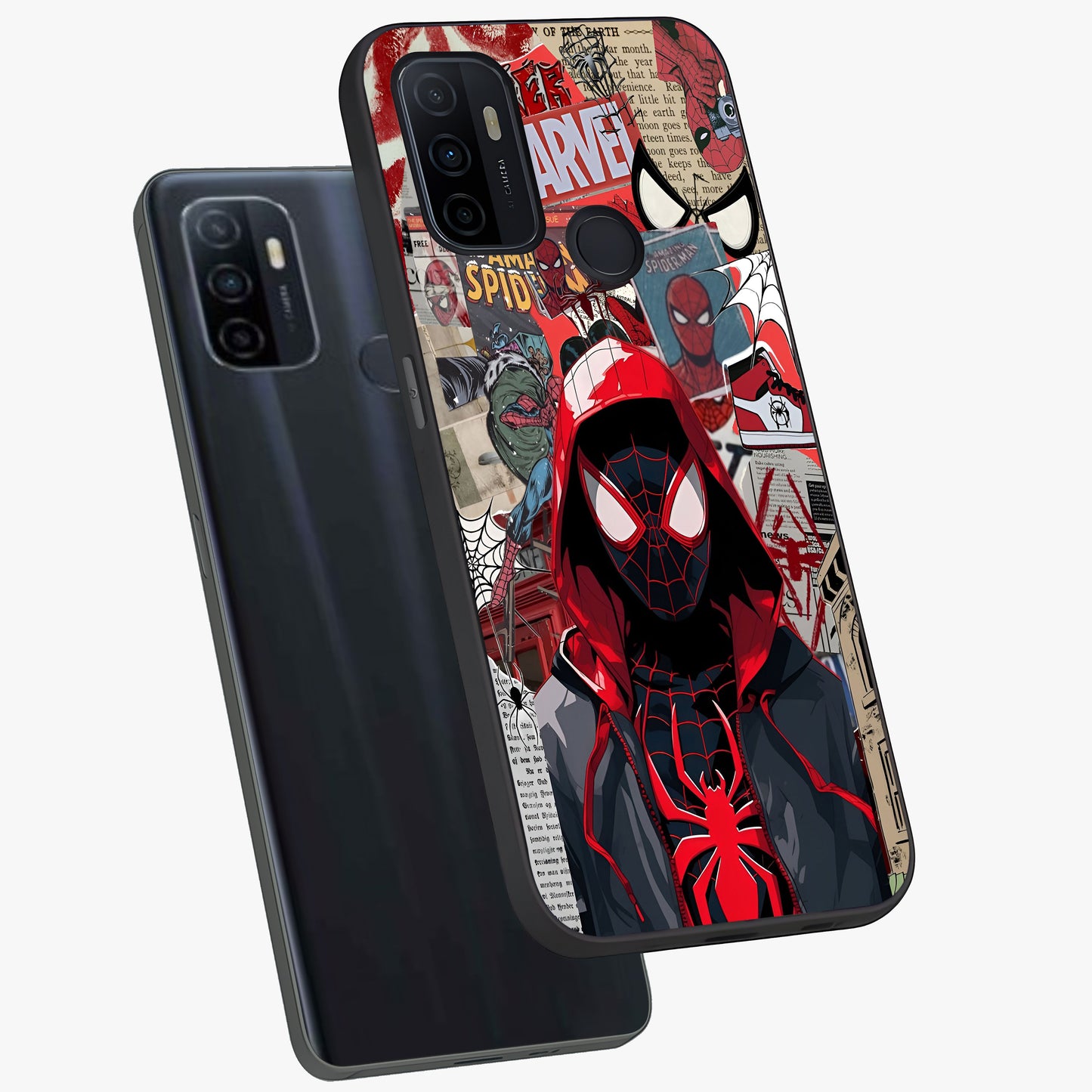 Spider Collage Street Glass Case displayed in angled mockup highlighting dynamic street style collage design with comic aesthetic.