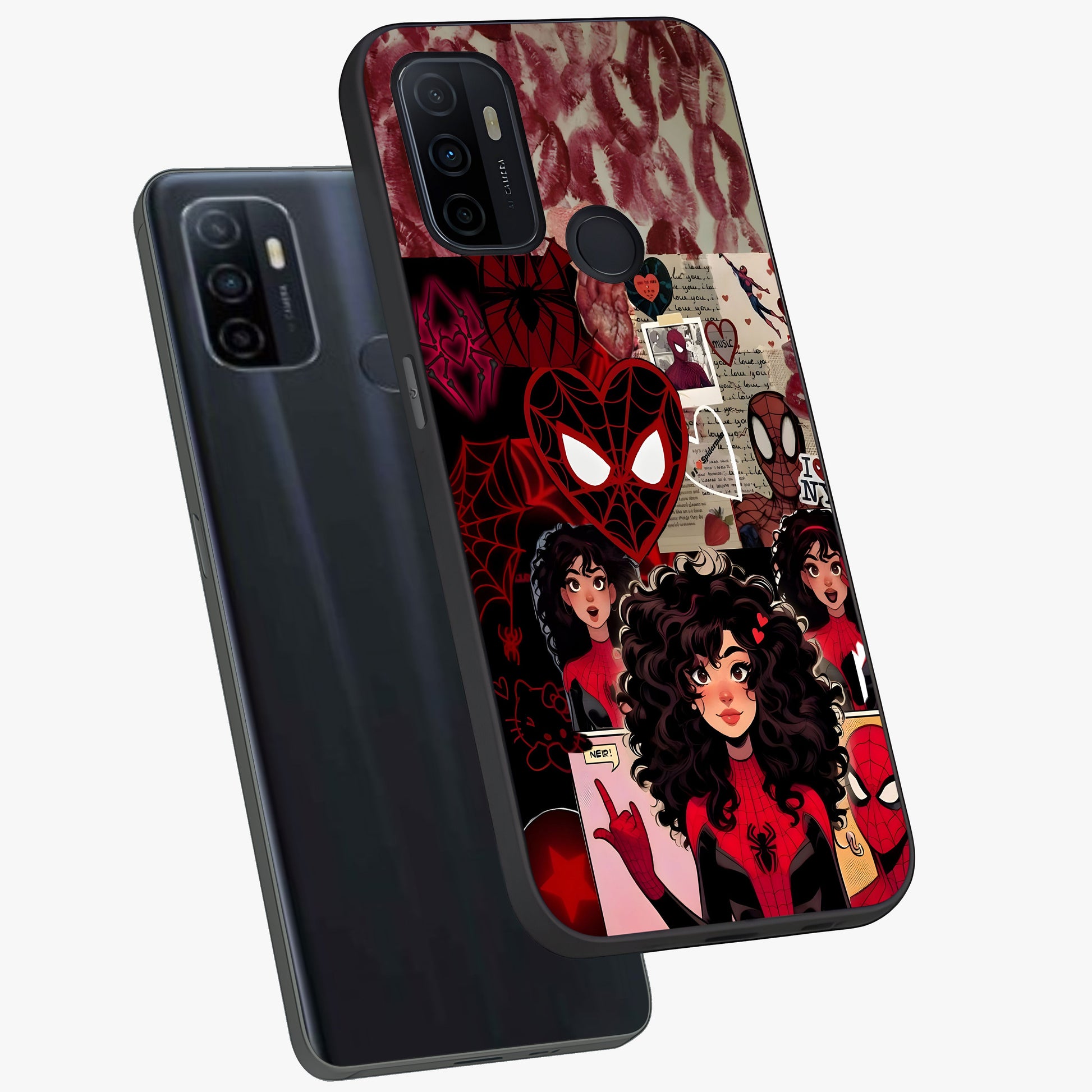 Spider Love Story Glass Case displayed in angled mockup highlighting expressive comic inspired design with playful aesthetic.