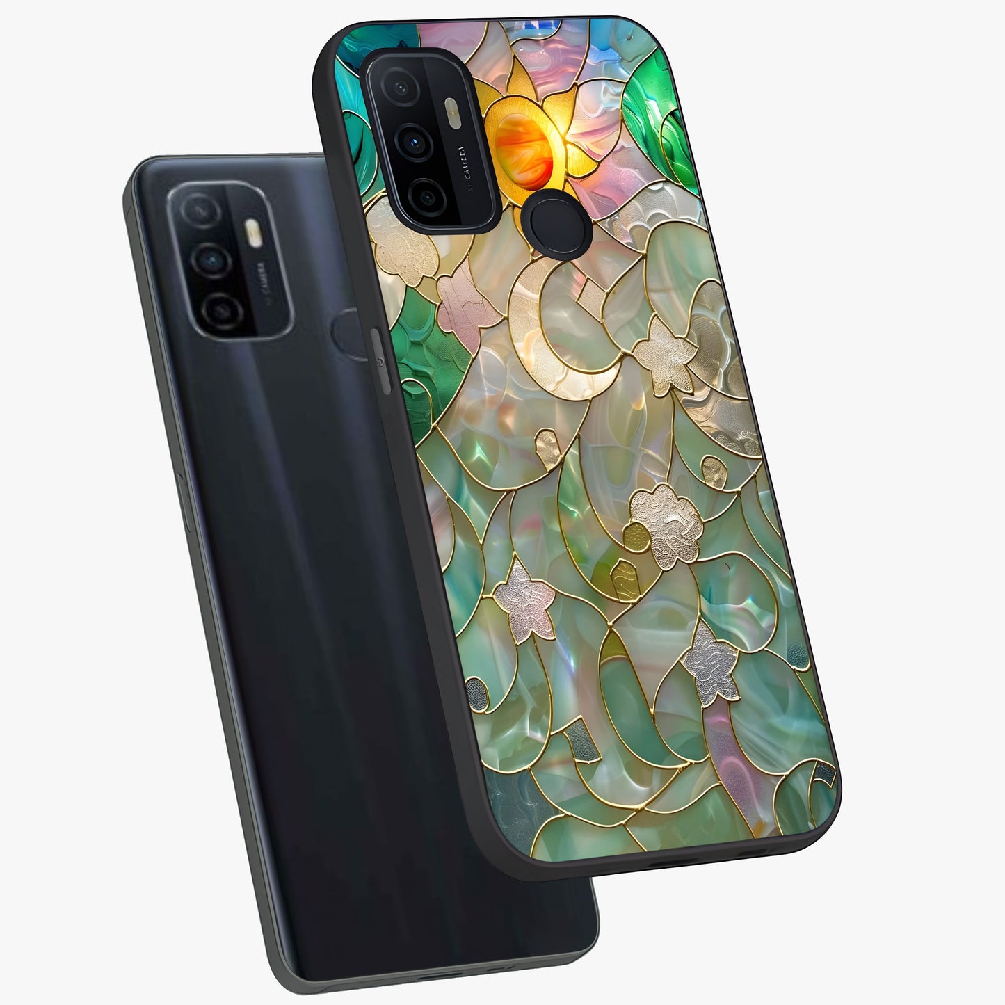 Stained Sunrise Glow Glass Case displayed in angled mockup highlighting radiant sunrise design with artistic aesthetic style.