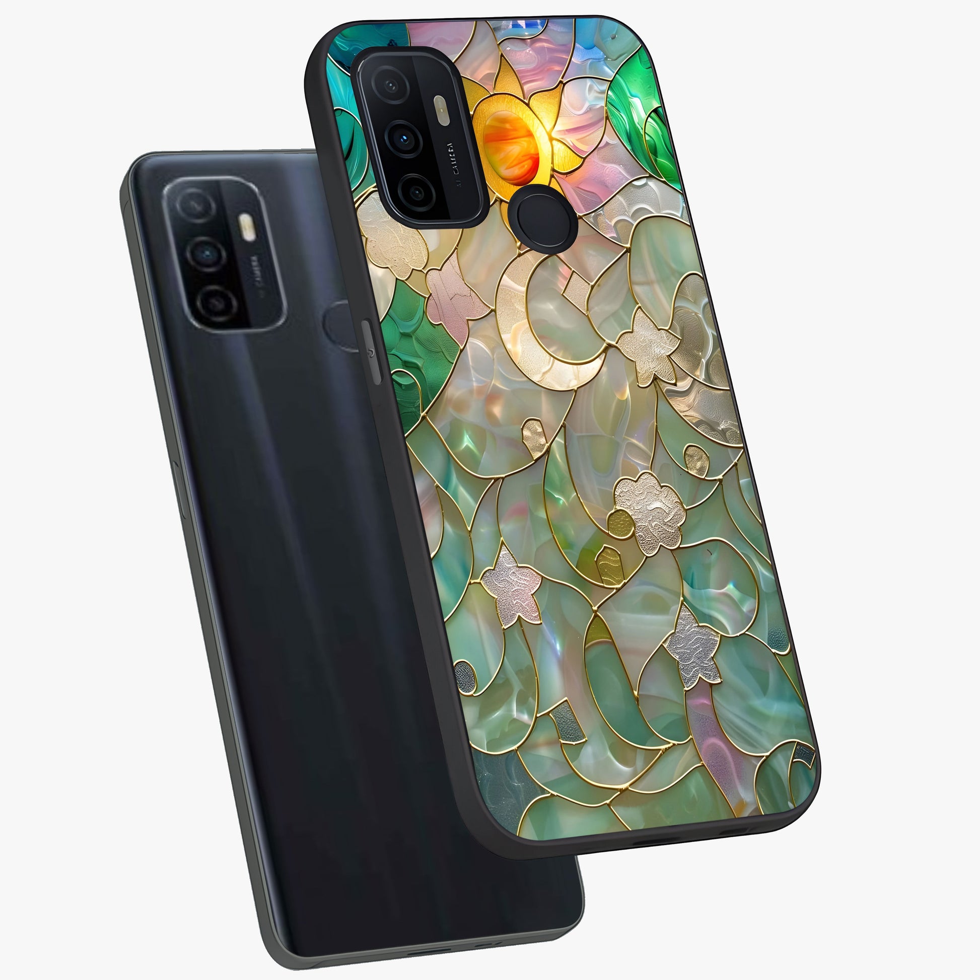 Stained Sunrise Glow Glass Case displayed in angled mockup highlighting radiant sunrise design with artistic aesthetic style.