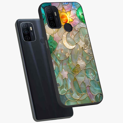 Stained Sunrise Glow Glass Case displayed in angled mockup highlighting radiant sunrise design with artistic aesthetic style.