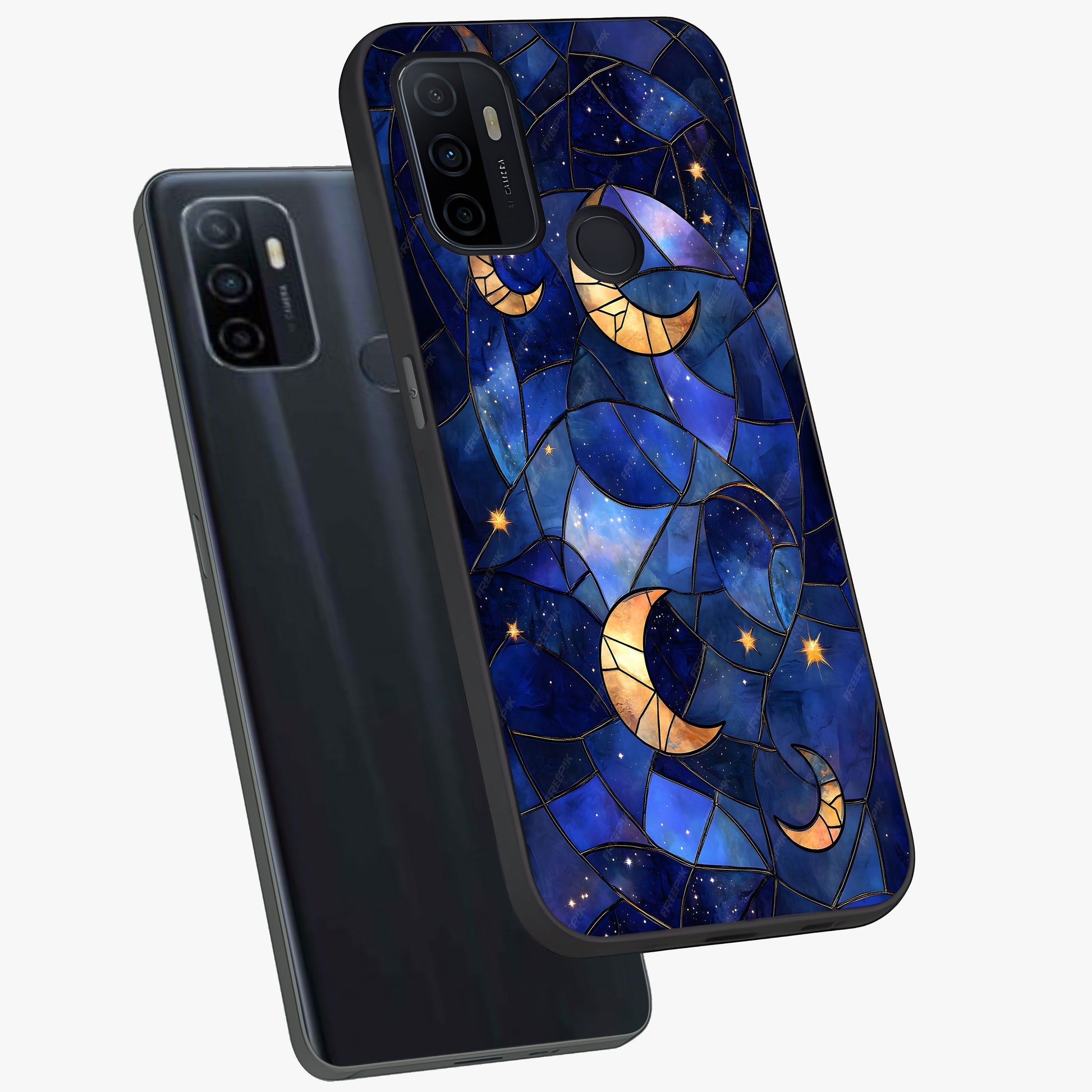 Starlit Sky Tapestry Glass Case displayed in angled mockup highlighting celestial night pattern with artistic aesthetic style.