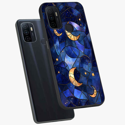 Starlit Sky Tapestry Glass Case displayed in angled mockup highlighting celestial night pattern with artistic aesthetic style.