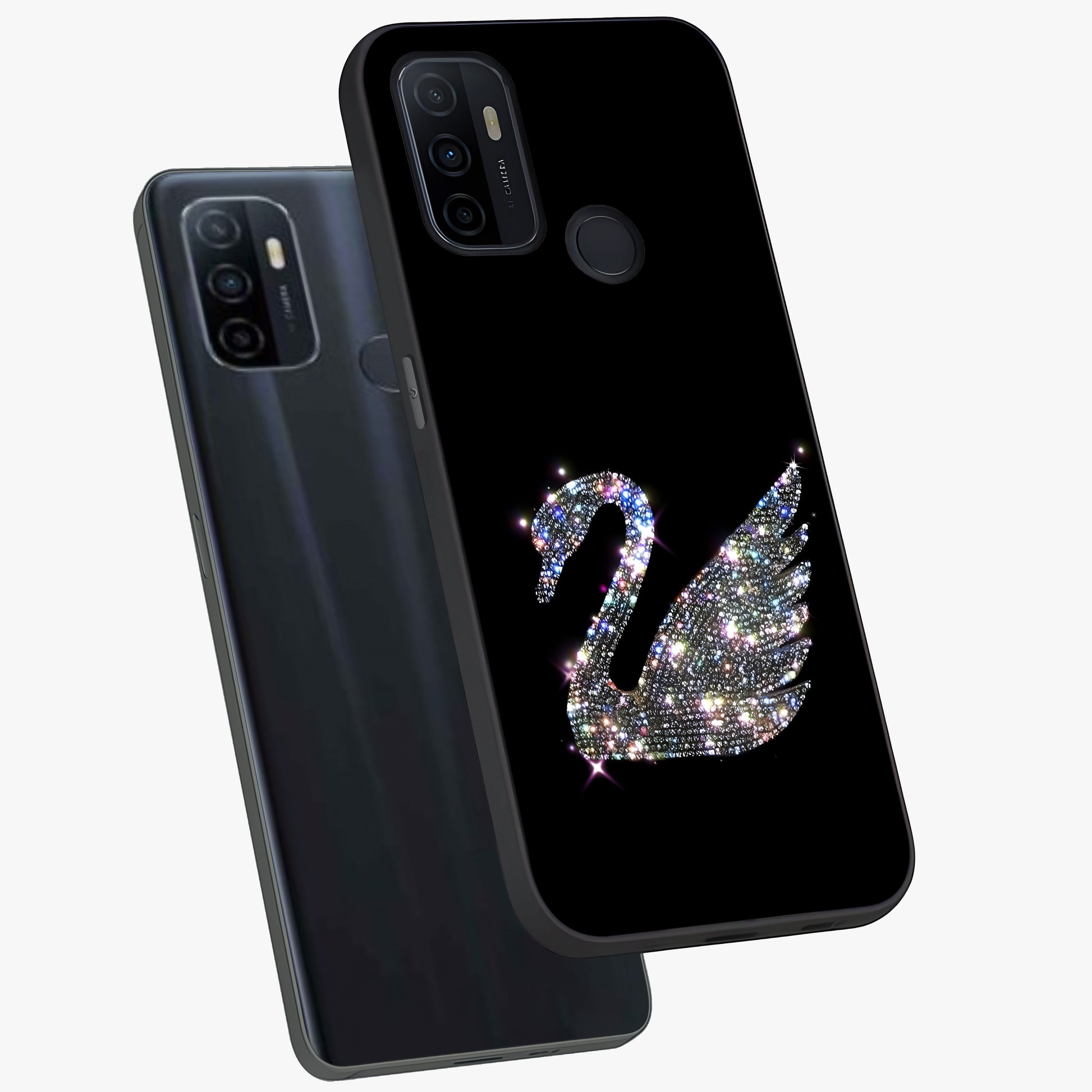 Starlit Swan Grace Glass Case displayed in angled mockup highlighting elegant swan illustration with dreamy celestial aesthetic.