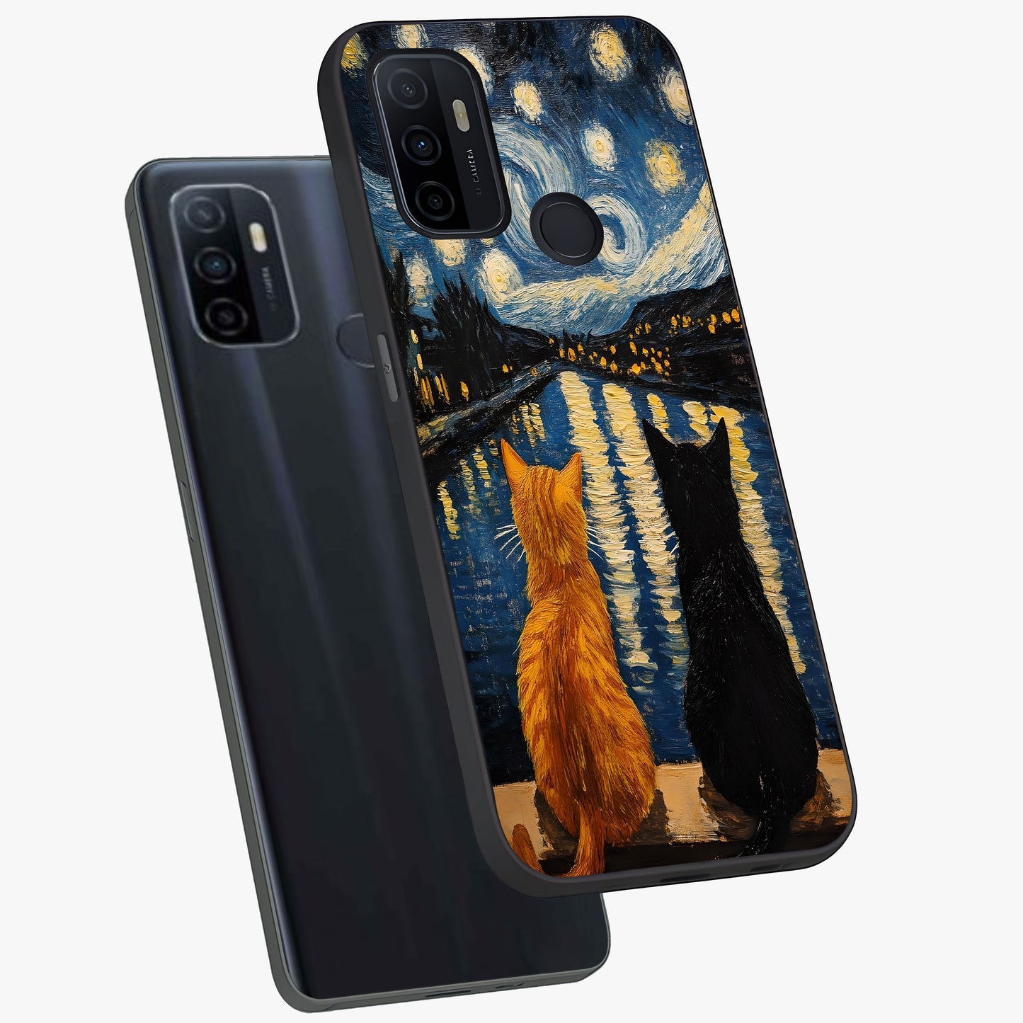 Starry River Cats Glass Case displayed in angled mockup highlighting charming feline illustration with dreamy night aesthetic.
