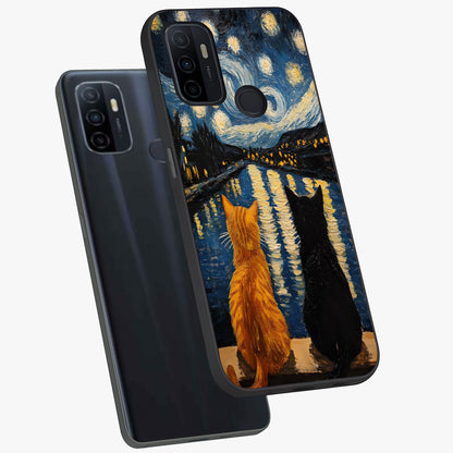 Starry River Cats Glass Case displayed in angled mockup highlighting charming feline illustration with dreamy night aesthetic.