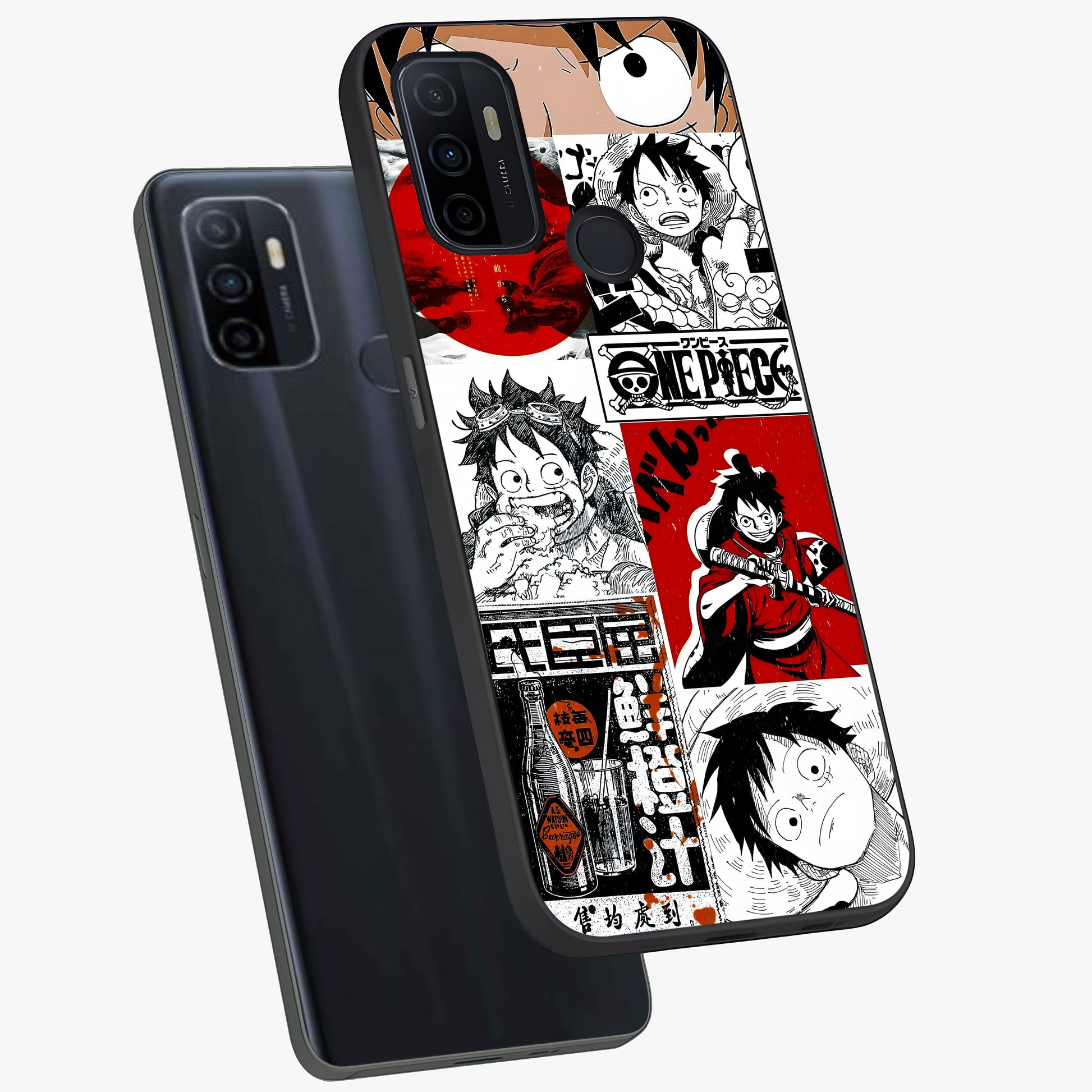Strawhat Chaos Panels Glass Case displayed in angled mockup highlighting vibrant anime collage design with action aesthetic.