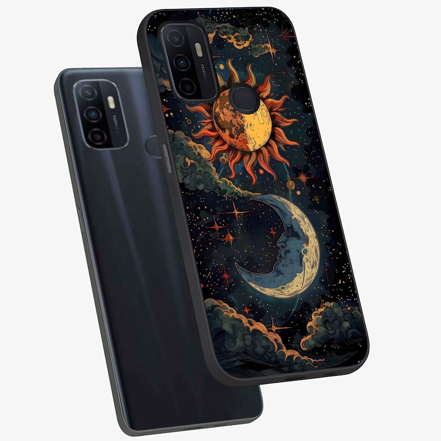 Sun And Moon Magic Design Glass Case displayed in angled mockup highlighting celestial design with magical cosmic aesthetic.