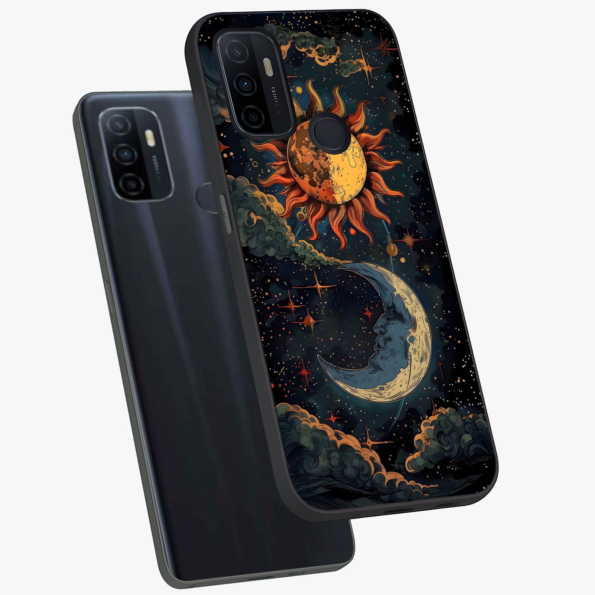 Sun And Moon Magic Design Glass Case displayed in angled mockup highlighting celestial design with magical cosmic aesthetic.