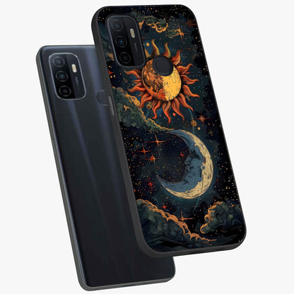 Sun And Moon Magic Design Glass Case displayed in angled mockup highlighting celestial design with magical cosmic aesthetic.