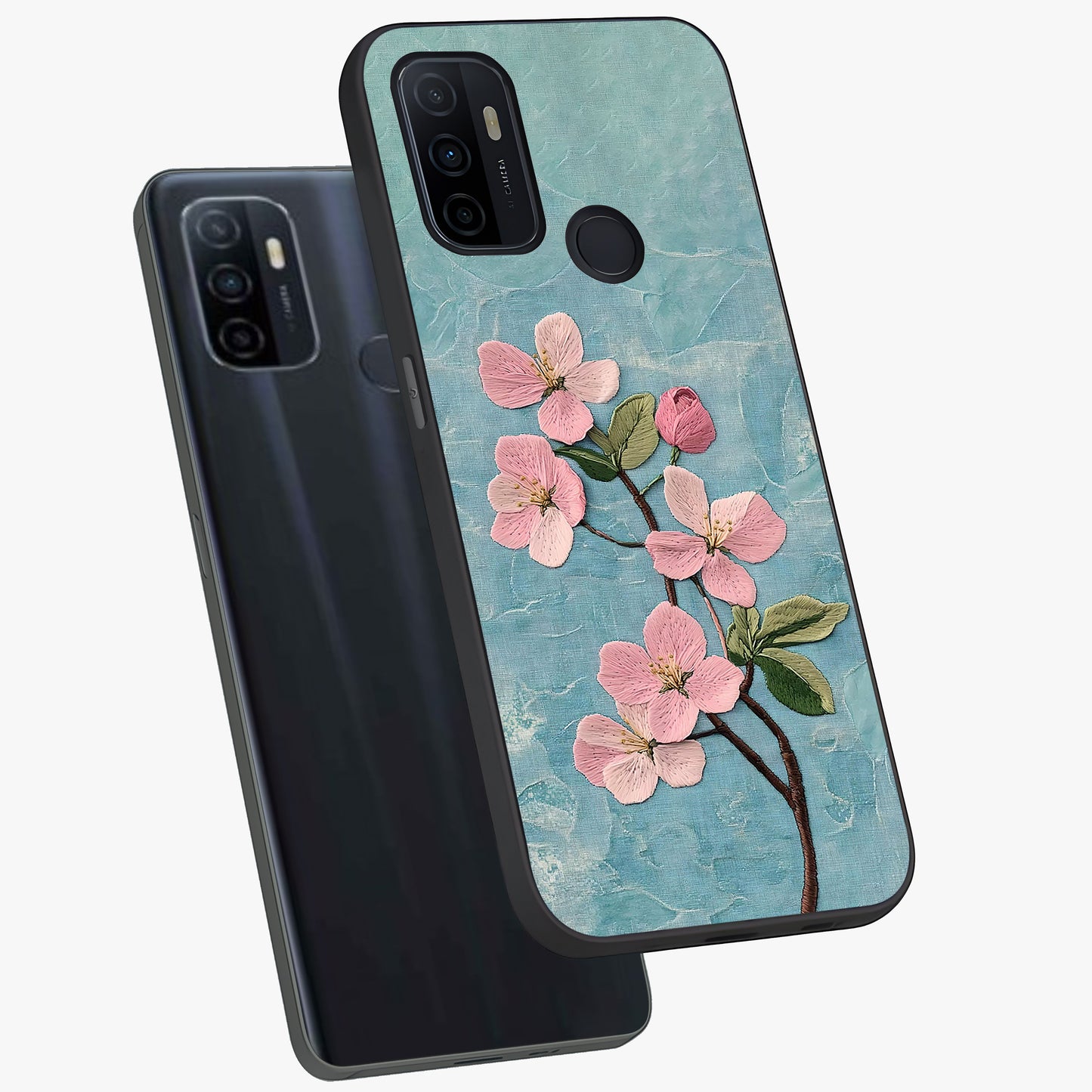 Threaded Blossom Breeze Glass Case displayed in angled mockup highlighting elegant floral design with soft aesthetic style.