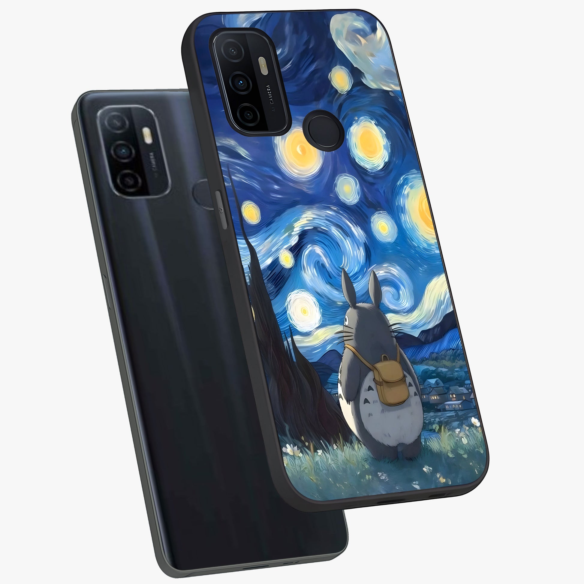 Totoro In Van Gogh Art Glass Case displayed in angled mockup highlighting artistic swirling sky design with playful animation aesthetic.