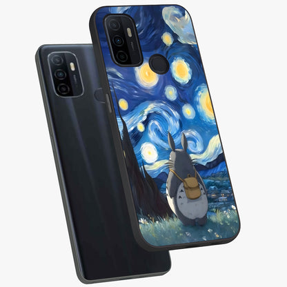 Totoro In Van Gogh Art Glass Case displayed in angled mockup highlighting artistic swirling sky design with playful animation aesthetic.