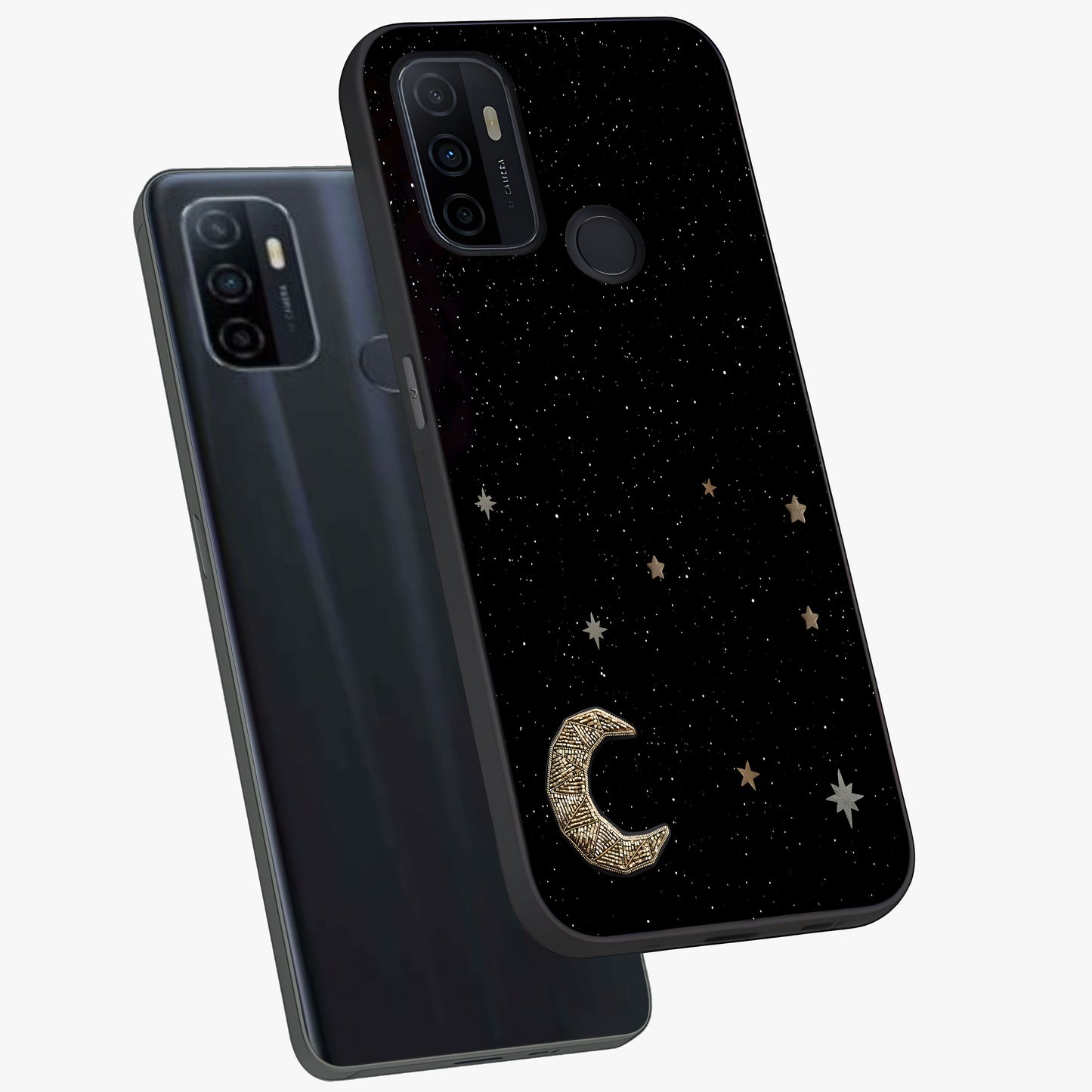 Twinkle Star With Half Moon Glass Case displayed in angled mockup highlighting celestial moon and star design with magical aesthetic.
