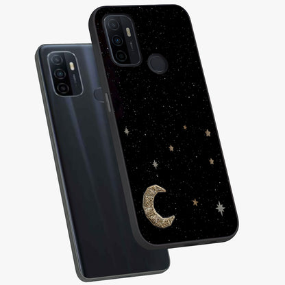 Twinkle Star With Half Moon Glass Case displayed in angled mockup highlighting celestial moon and star design with magical aesthetic.