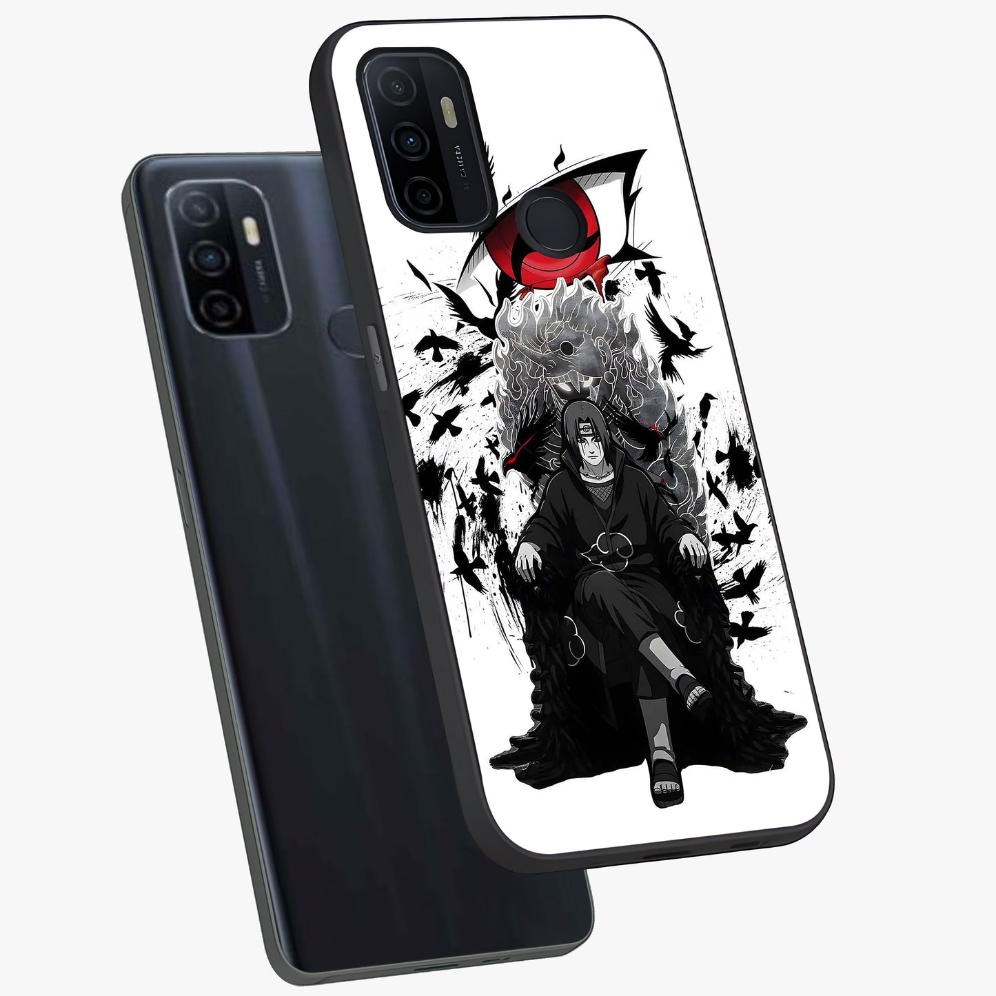Uchiha Shadow Throne Glass Case displayed in angled mockup highlighting glowing aquatic design with celestial aesthetic.