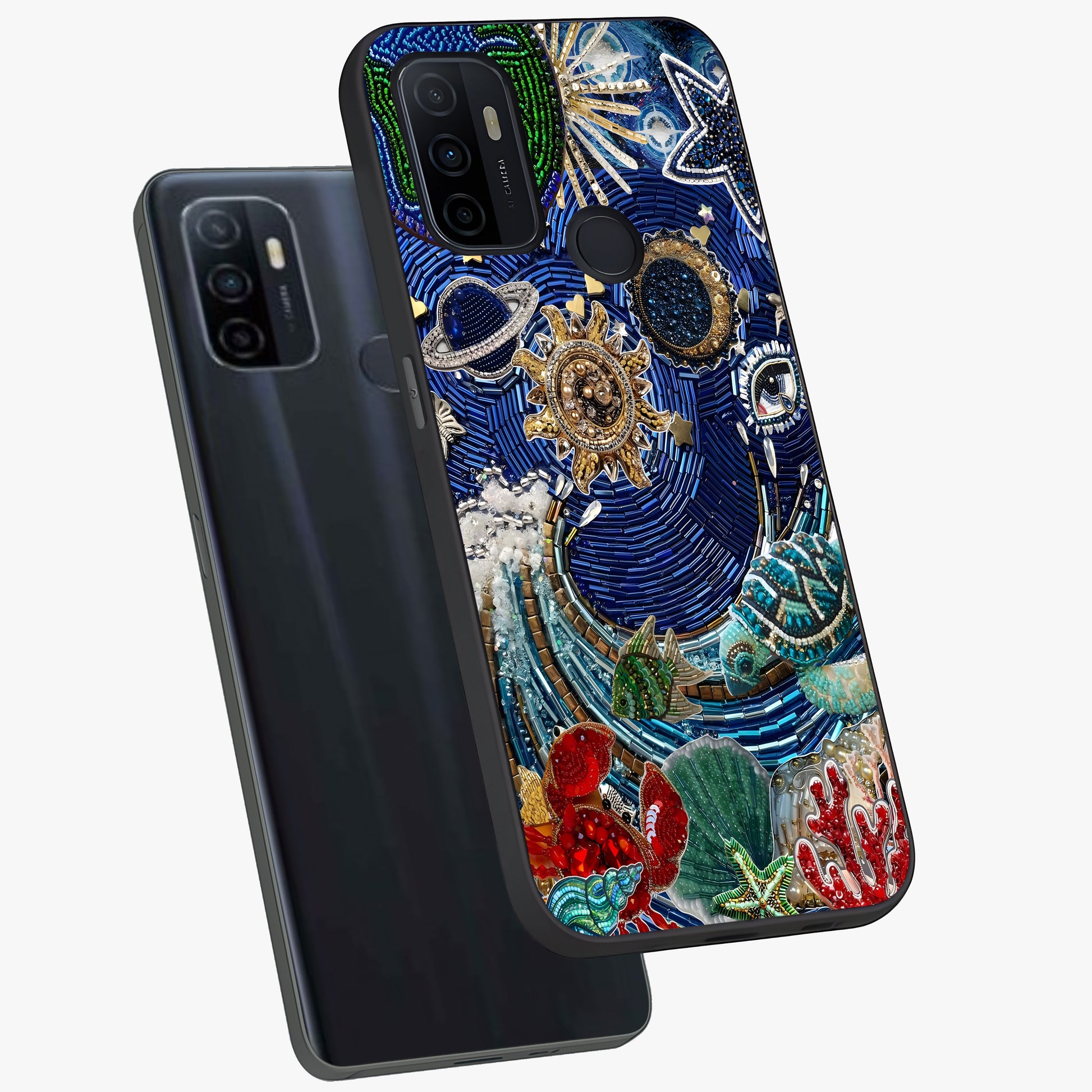 Universe Underwater Spark Glass Case displayed in angled mockup highlighting glowing aquatic design with celestial aesthetic.