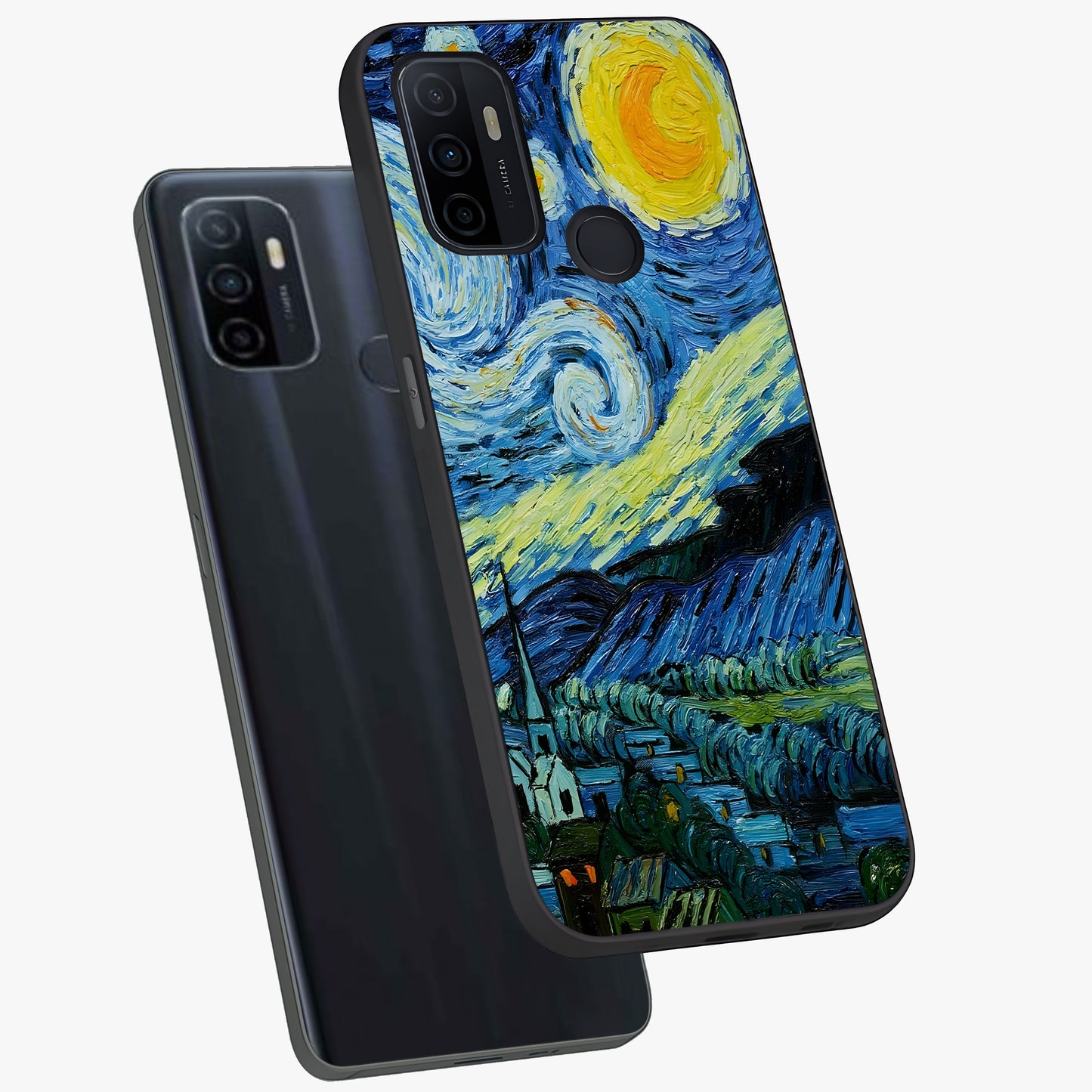 Van Gogh Art Glass Case displayed in angled mockup highlighting swirling brushstroke design with artistic aesthetic.