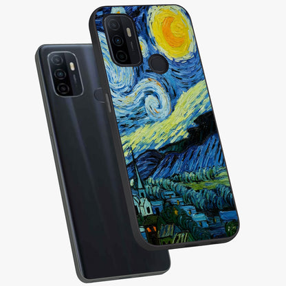 Van Gogh Art Glass Case displayed in angled mockup highlighting swirling brushstroke design with artistic aesthetic.