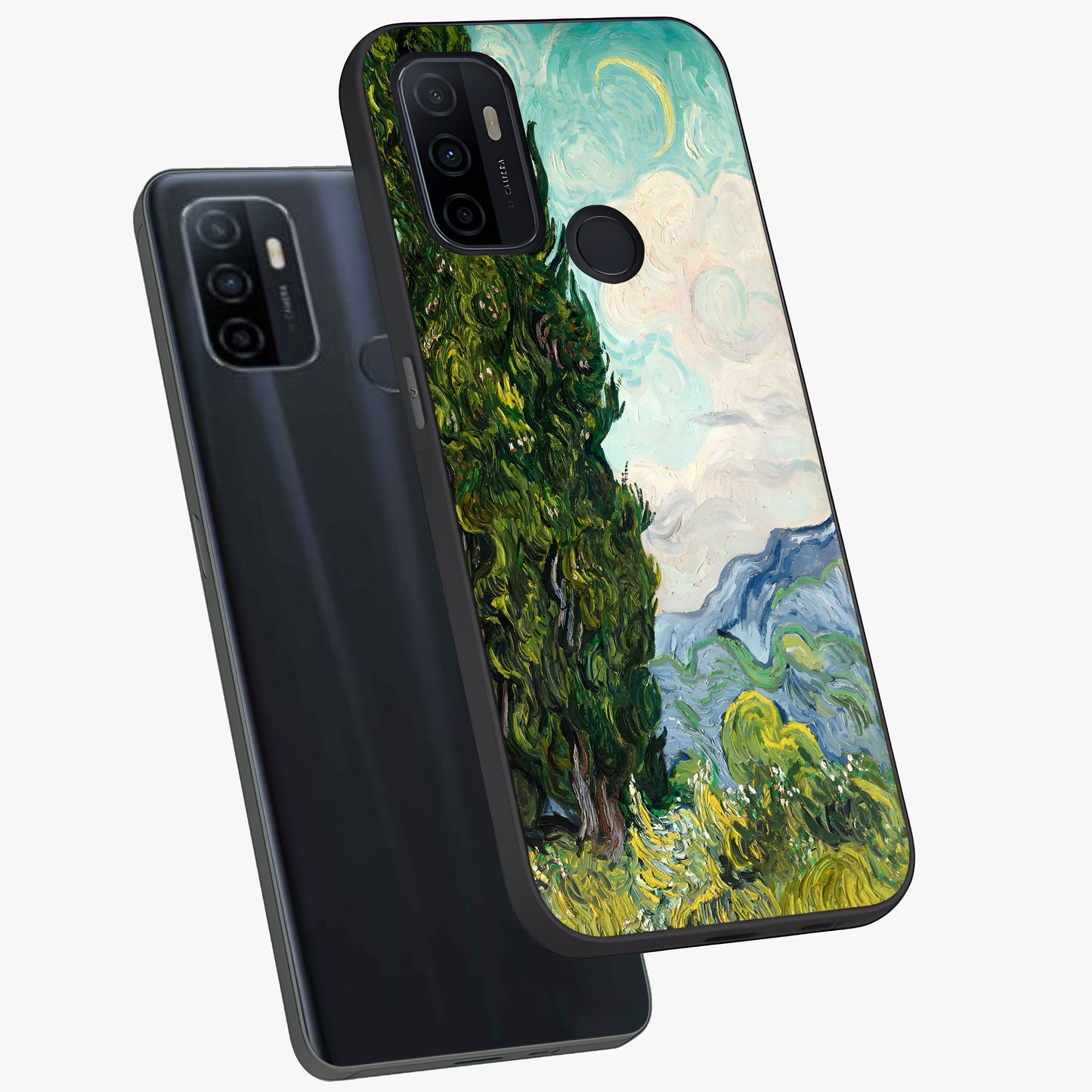 Van Gogh Vintage Art Glass Case displayed in angled mockup highlighting textured brushstroke design with classic aesthetic.