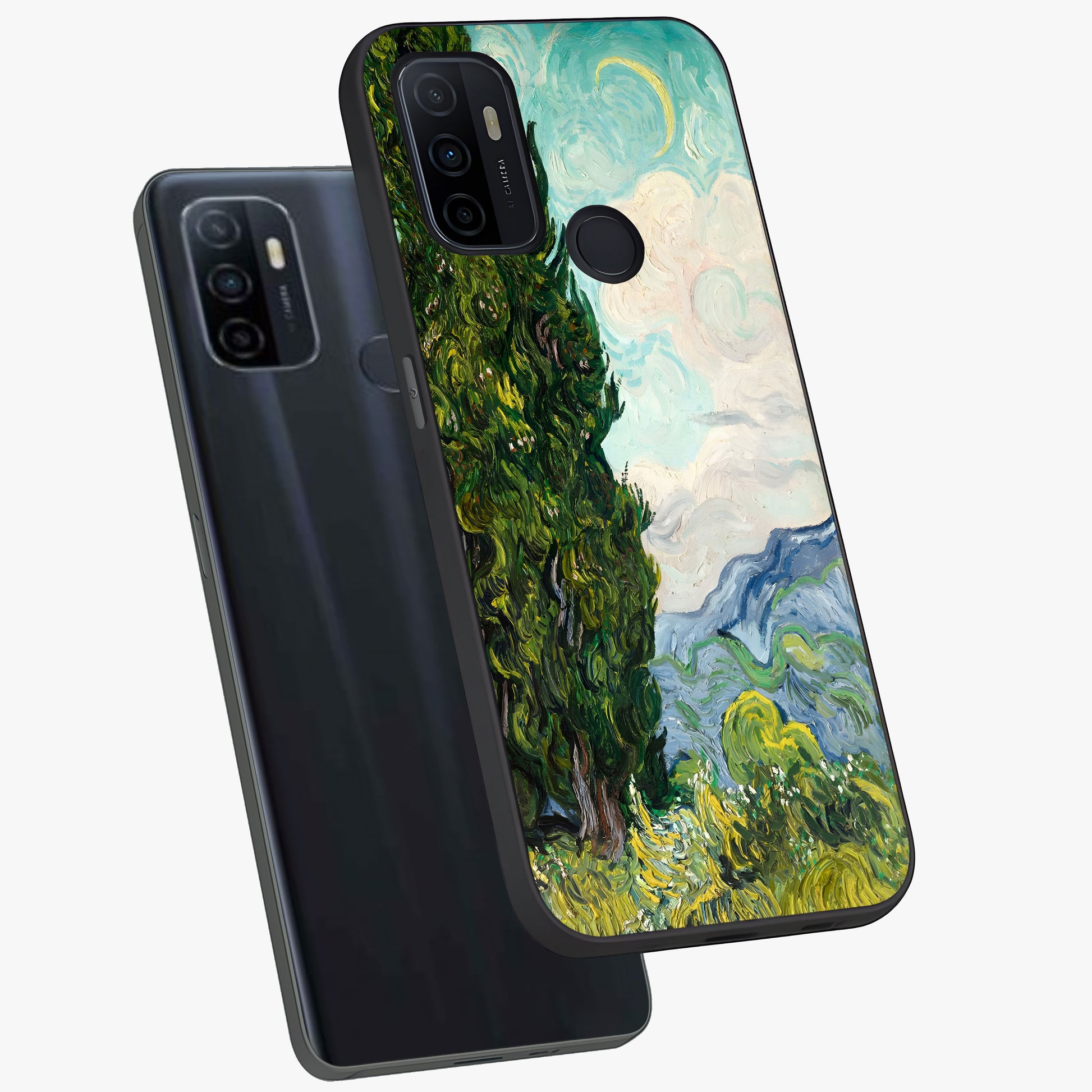 Van Gogh Vintage Art Glass Case displayed in angled mockup highlighting textured brushstroke design with classic aesthetic.