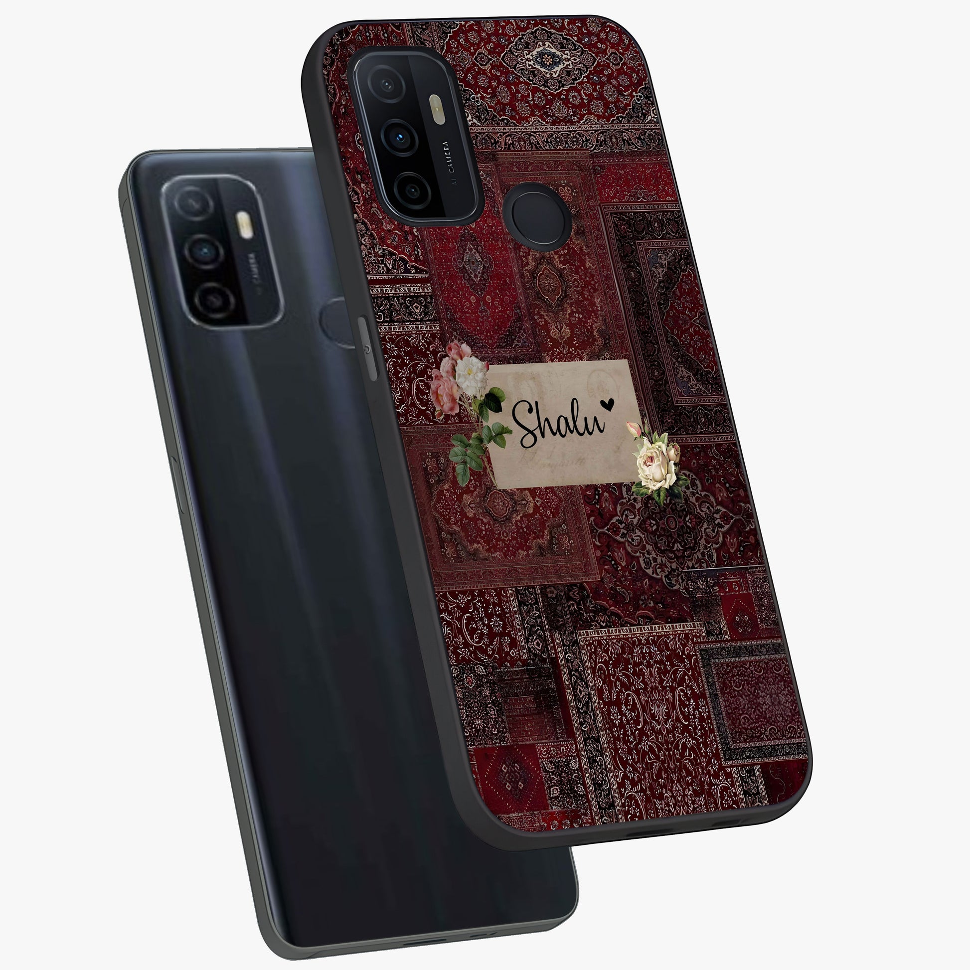 Velvet Wine Pattern Custom Name Glass Case displayed in angled mockup highlighting decorative velvet inspired design with custom name feature.
