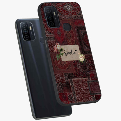 Velvet Wine Pattern Custom Name Glass Case displayed in angled mockup highlighting decorative velvet inspired design with custom name feature.