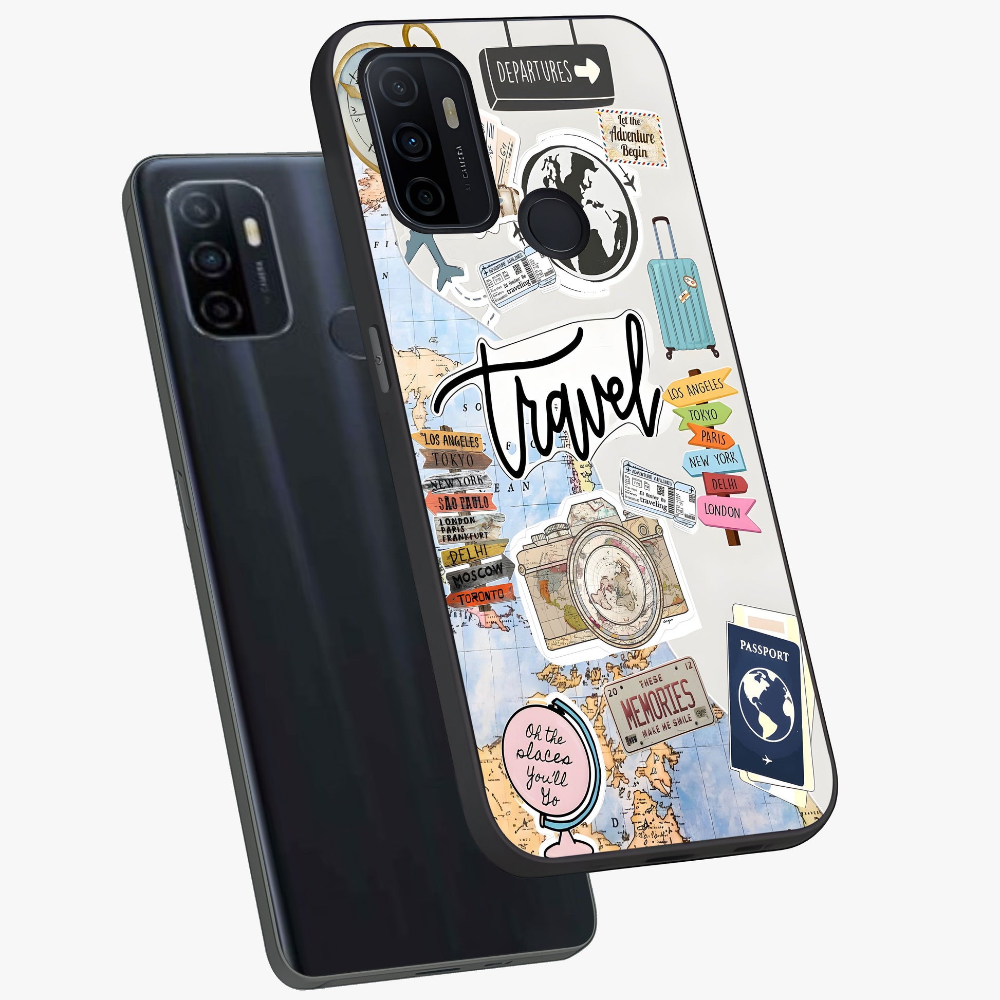 Wanderlust Journal Glass Case displayed in angled mockup highlighting adventure themed design with aesthetic travel vibe.