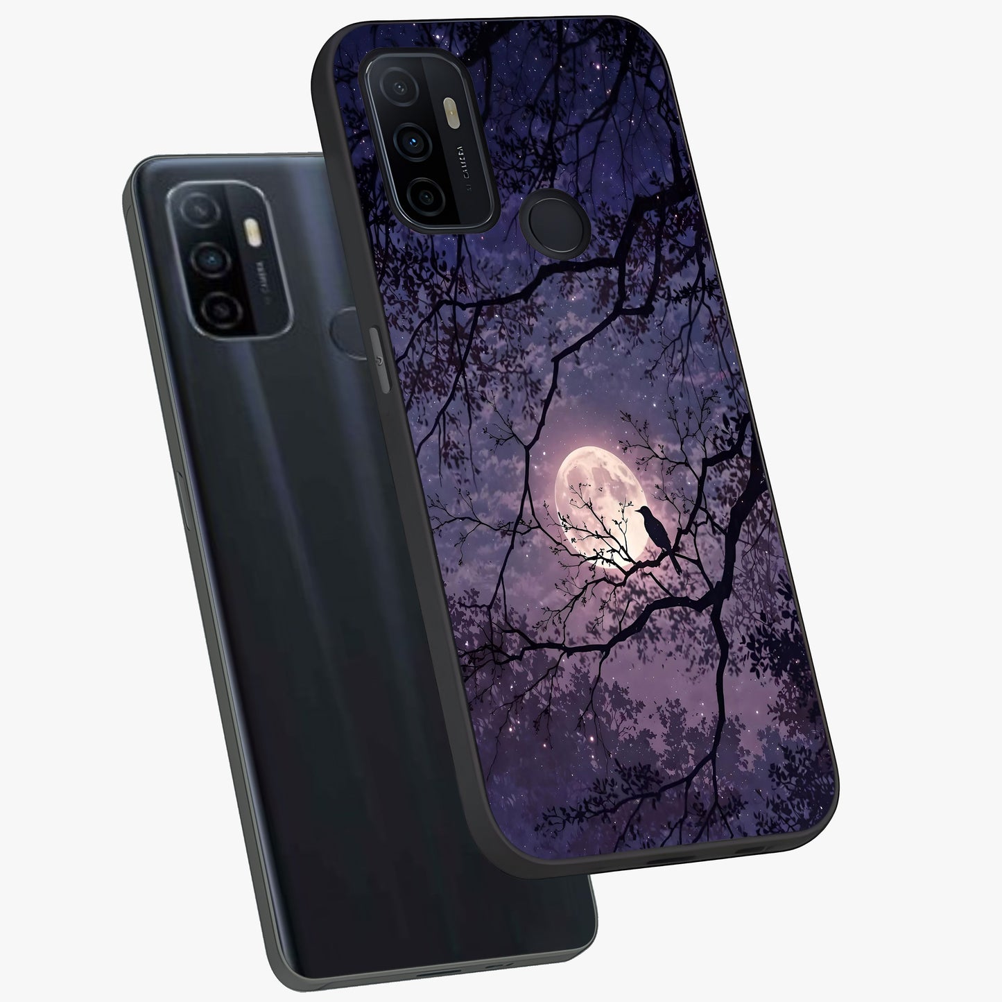 Whispering Moon Silence Glass Case displayed in angled mockup highlighting calm lunar design with dreamy night aesthetic.