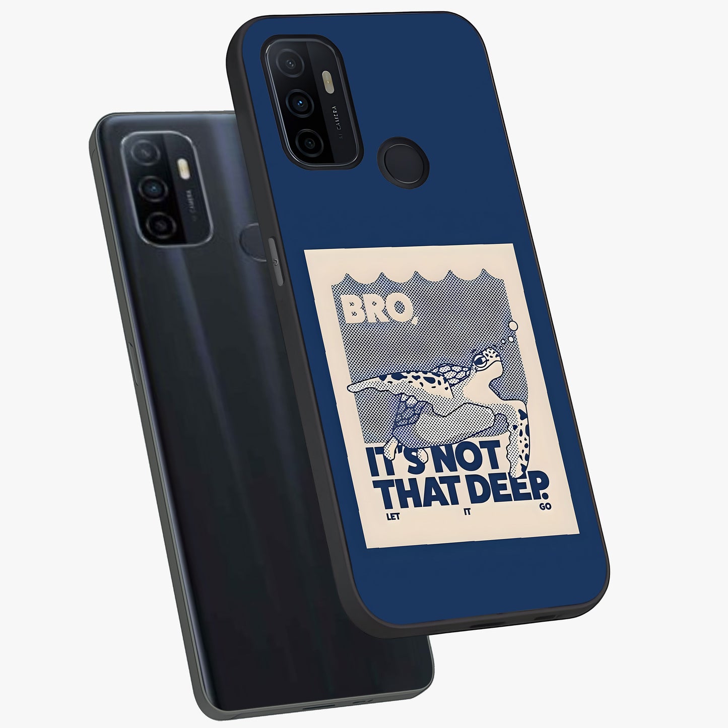 Worry Less Swim Glass Case displayed in angled mockup highlighting fun typography design with relaxed aesthetic style.