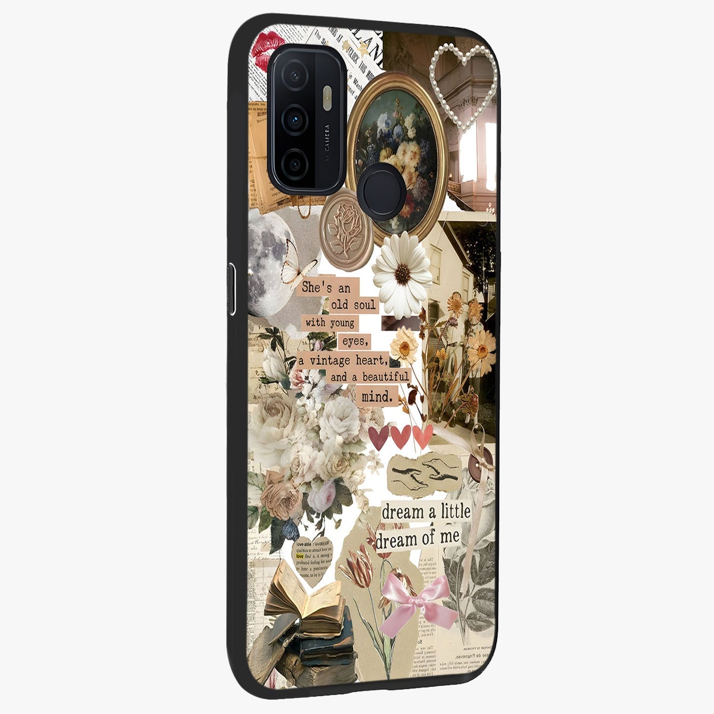 Aesthetic Brown Vintage Collage Glass Case upright view showcasing nostalgic retro artwork with stylish vintage theme.